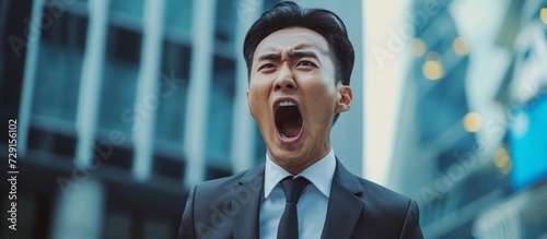 A young Asian businessman, dressed formally with an unexpected touch, expresses frustration and anger while outside his office. photo