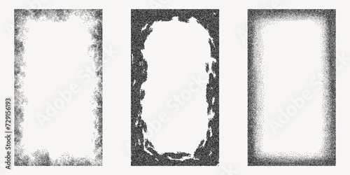 Set of black dotted textured vertical frame, noisy gritty dot halftone effect, vector illustration. Fashionable banner in grunge style. Rectangular frames for social networks, paint splashes.