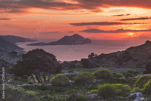 Sunset over the mountains and the Aegean sea
