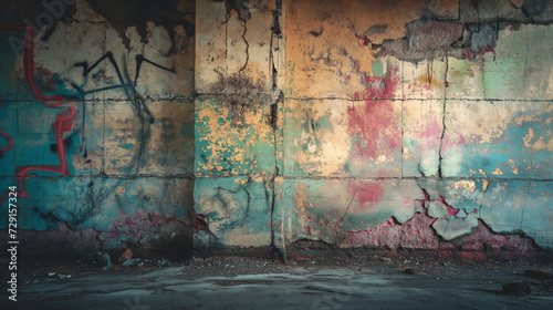 Decay and Color: Urban Graffiti on Crumbling Concrete Wall, a Study of Texture and Time