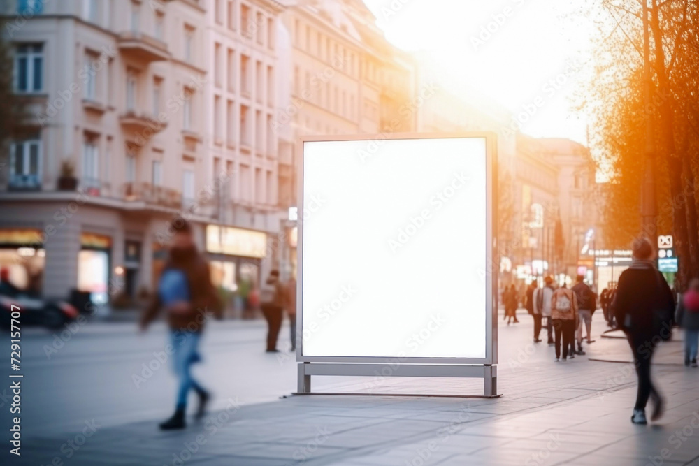 Blurred blank white billboard on city street with people walking in the background