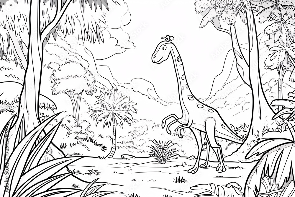 Gallimimus Dinosaur Black White Linear Doodles Line Art Coloring Page