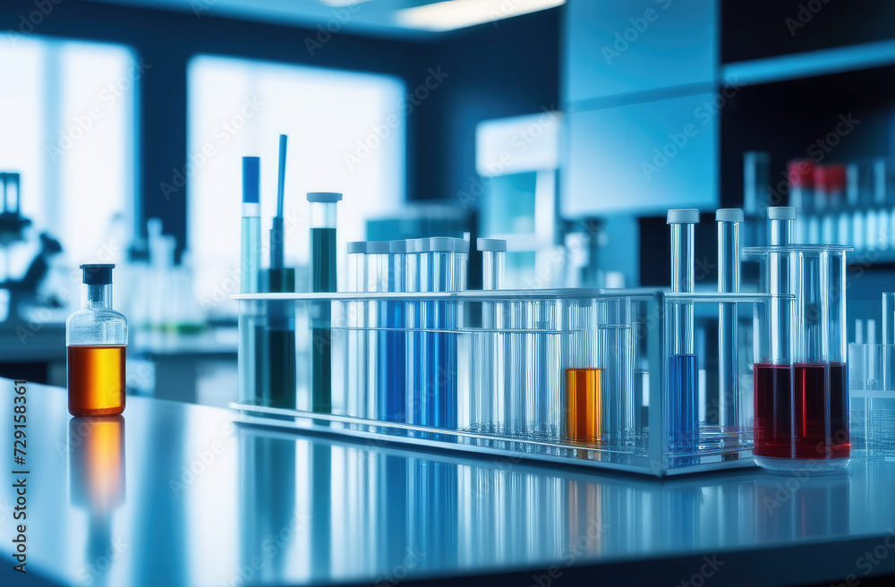 Close-up, Modern medical research laboratory with chemical test tubes on the desk.