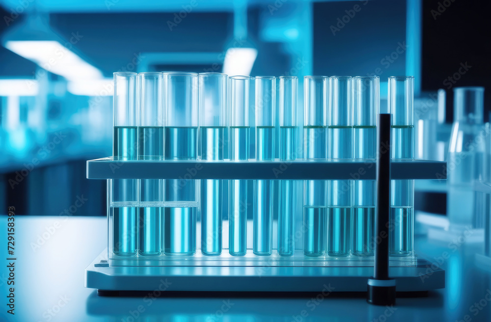 Close-up, Modern medical research laboratory with chemical test tubes on the desk.