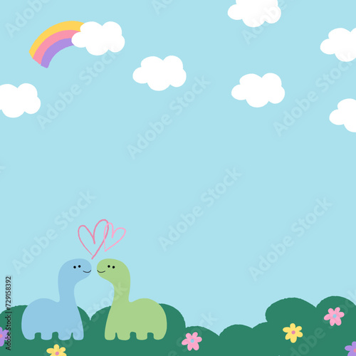 Hand drawn dinosaur with flower garden, cloud and blue sky for background, wallpaper, backdrop, banner, stickers, decoration, print, social media post, card, kids, fabric, garment, cartoon, character