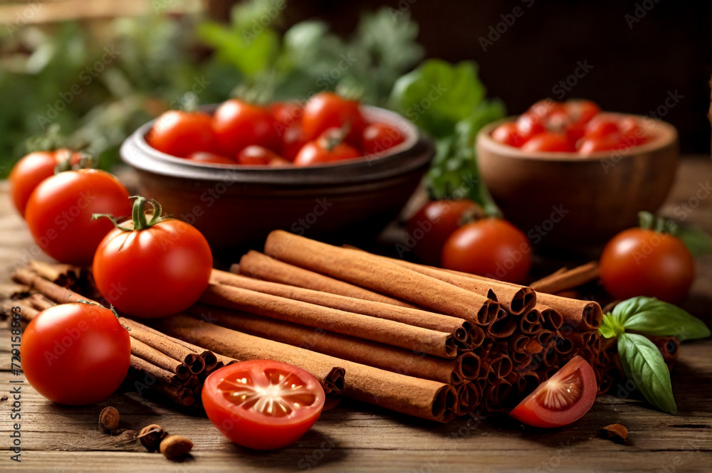 Still life of ceylon cinnamon sticks and tomato on wooden table, rustic style. Natural food of cinnamon and cherry for poster or banner. Delicious tasty healthy concept. Copy advertising text space - obrazy, fototapety, plakaty 