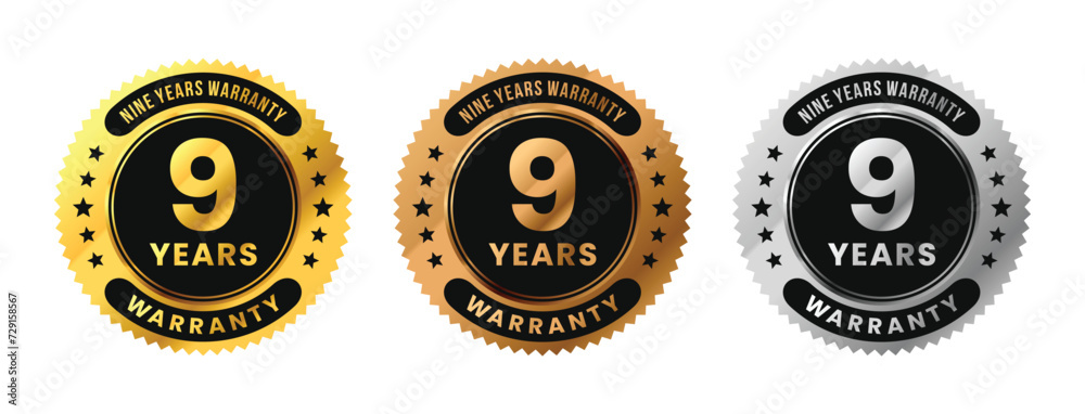 Label 9 years warranty in gold, silver, bronze premium luxury design. Nine years warranty. Vector Illustration Label 9 years warranty in gold, silver, bronze premium luxury design. Nine years warranty. Vector Illustration