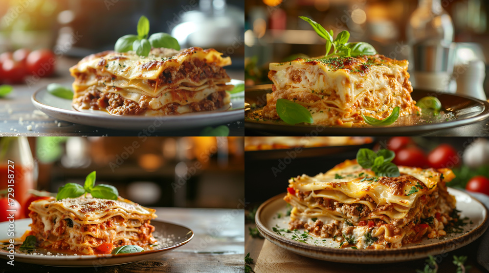 Illustration of food, lasagna beautifully served on a plate, Italian cuisine, close-up, soft lighting, blurred kitchen in the background, warm color palette, culinary art.