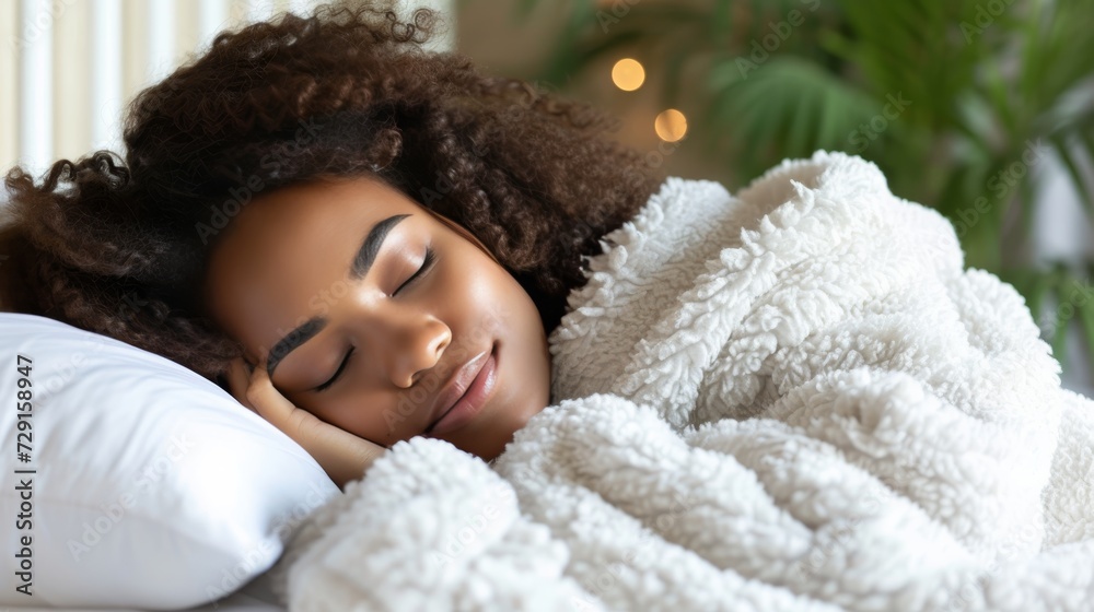 Happy african american woman in white clothes sleeping on white bed with blanket Happy african american woman in white clothes sleeping on white bed with blanket