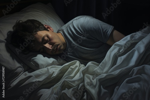 Young Caucasian man peaceful sleeping laying dark night bedroom napping relaxed calm guy sleep dreaming relaxing resting at nighttime in comfortable bed orthopedic mattress dreams dark room top view