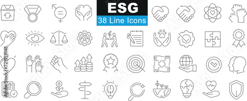 ESG, 38 Line Icons, minimalist, black outlines, white background, sustainability, corporate responsibility, energy efficiency, recycling, planet Earth, human hands