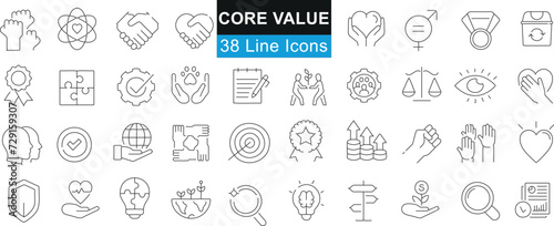 Core Value 38 Line Icons, business ethics, corporate culture, quality assurance, teamwork symbols, black outlines on white background, distinct representation of corporate values