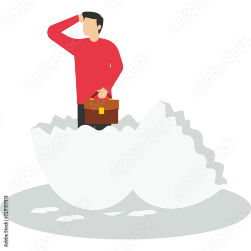 Beginner starting a new business, starting a new job position or getting out of the comfort or safety zone, entrepreneur or startup, ambitious entrepreneur worker who just hatched from a cracked egg.