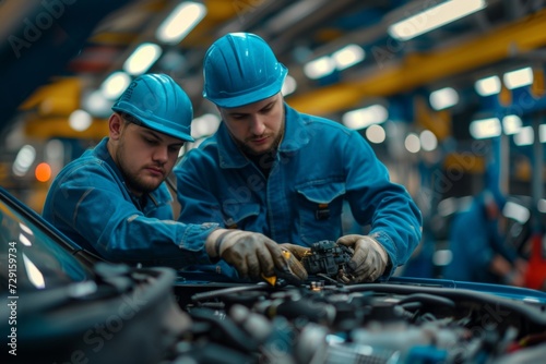 Focused mechanics in blue uniforms repairing vehicle engine, teamwork in auto shop © artem