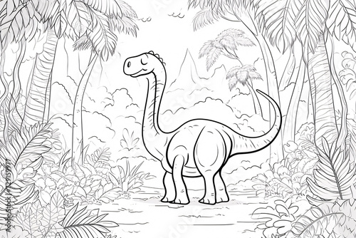 Apatosaurus Dinosaur Black White Linear Doodles Line Art Coloring Page, Kids Coloring Book