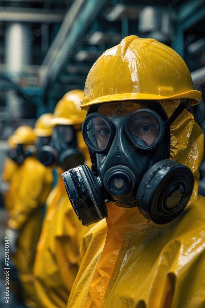 Technicians in gas masks assess toxic spills Technicians in gas masks assess toxic spills