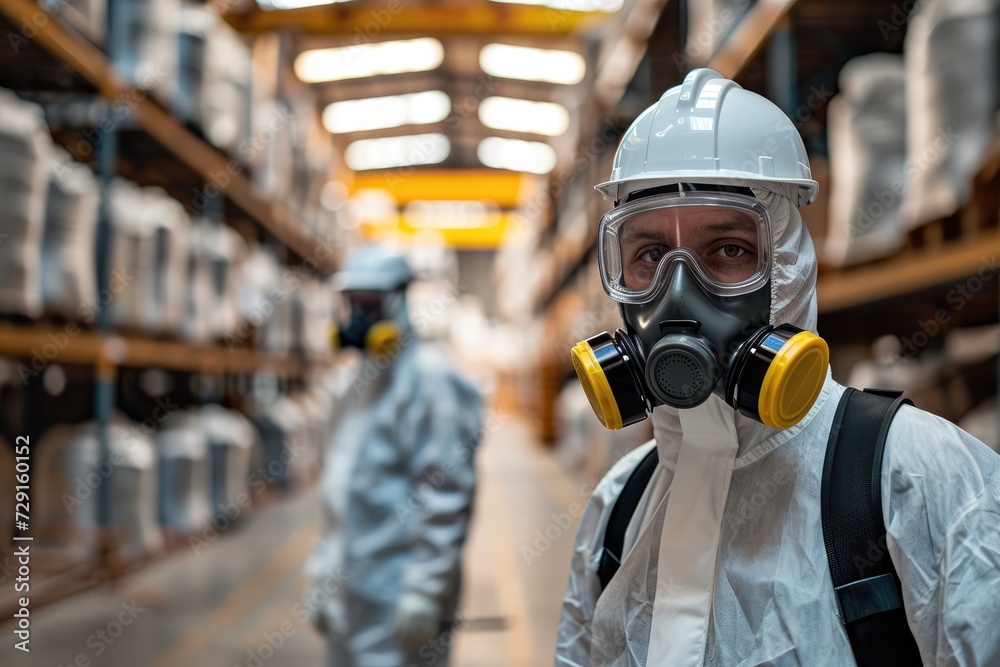 Technicians in gas masks assess toxic spills Technicians in gas masks assess toxic spills