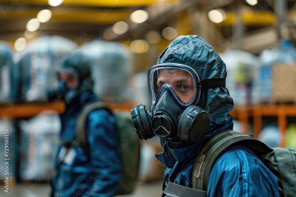 Technicians in gas masks assess toxic spills Technicians in gas masks assess toxic spills