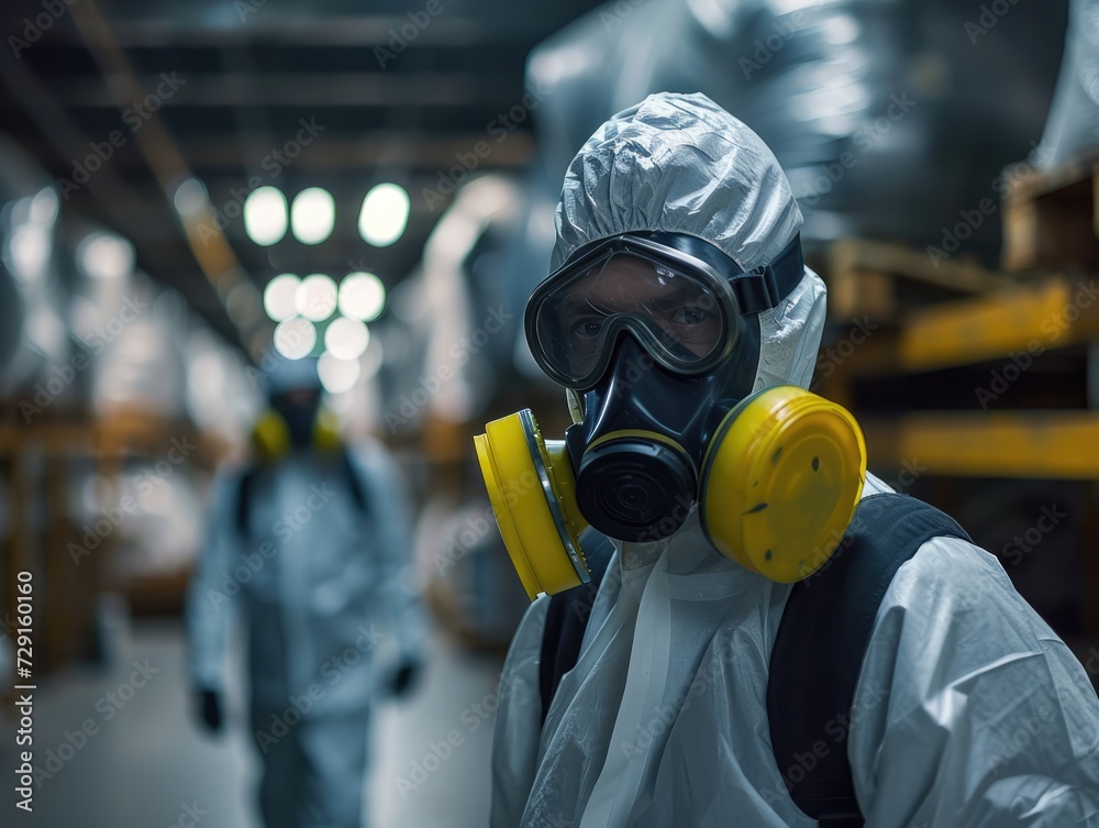 Technicians in gas masks assess toxic spills Technicians in gas masks assess toxic spills
