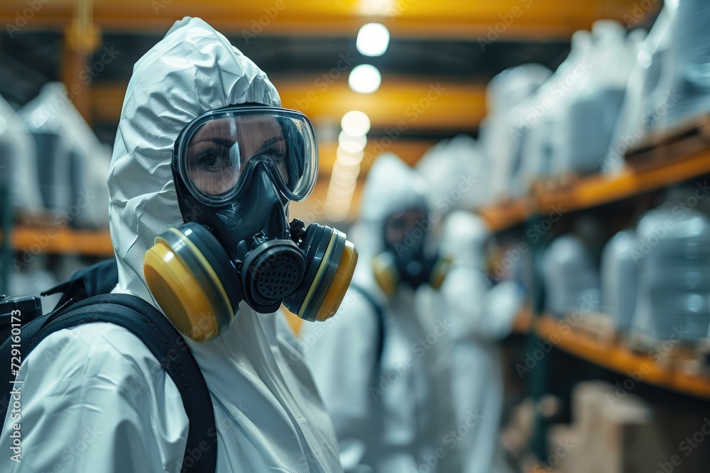 Technicians in gas masks assess toxic spills Technicians in gas masks assess toxic spills