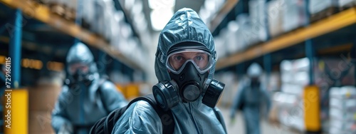 Technicians in gas masks assess toxic spills