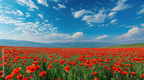 A breathtaking panorama of endless red poppy fields under the open sky