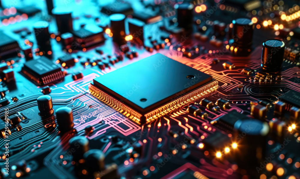 High-tech microprocessor chip on a motherboard, a concept of advanced technology, computing power and circuitry in modern electronics design