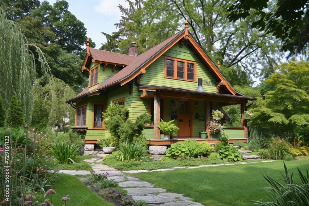 A lime green craftsman cottage, with a front view emphasizing its bespoke facade, set in a green garden, reflecting a blend of tradition and innovation.