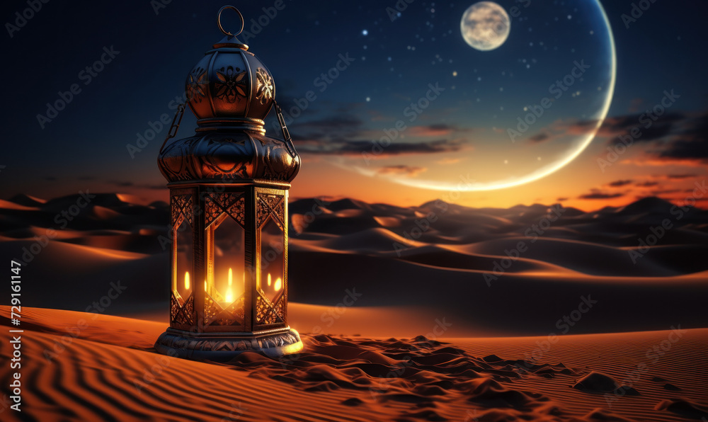 Traditional Arabian lantern standing on the sands of a serene desert under the crescent moon, evoking Ramadan's spirituality and the tranquil beauty of an endless dune landscape - obrazy, fototapety, plakaty 