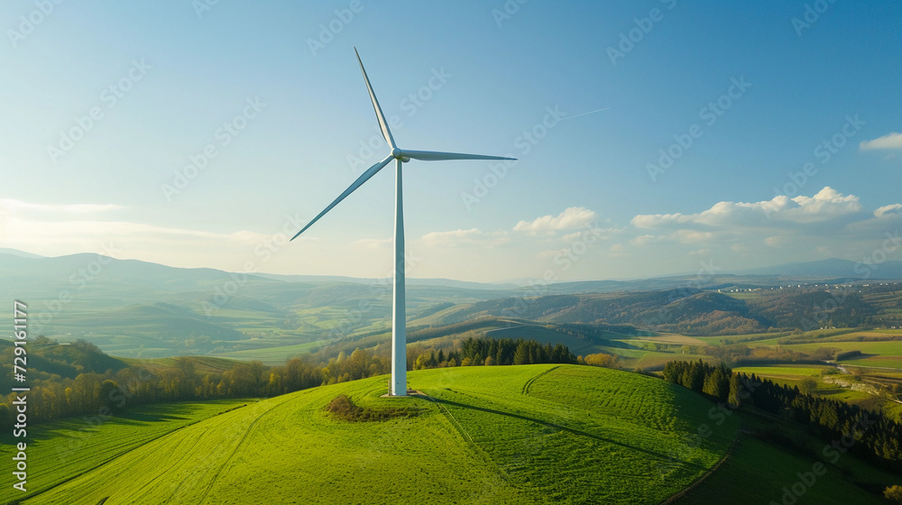 A lone wind turbine on a mountain peak harnesses the wind's power, generating clean electricity A lone wind turbine on a mountain peak harnesses the wind's power, generating clean electricity