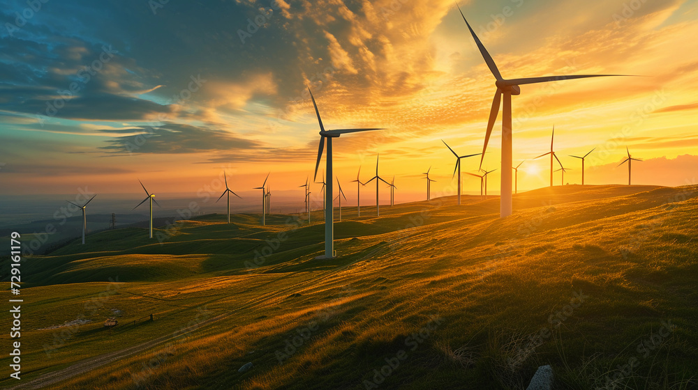 Wind giants stand tall against a fiery sky, harnessing the sun's farewell for clean energy Wind giants stand tall against a fiery sky, harnessing the sun's farewell for clean energy