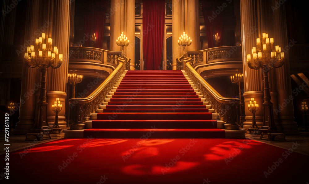 Regal red carpet stairway leading to a grand entrance flanked by ornate columns and glowing lights Regal red carpet stairway leading to a grand entrance flanked by ornate columns and glowing lights