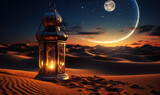 Traditional Arabian lantern standing on the sands of a serene desert under the crescent moon, evoking Ramadan's spirituality and the tranquil beauty of an endless dune landscape