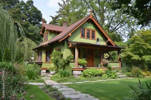 A lime green craftsman cottage, with a front view emphasizing its bespoke facade, set in a green garden, reflecting a blend of tradition and innovation.