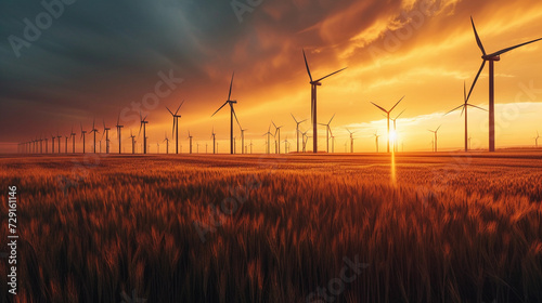 Majestic windmills bathed in the fiery glow of sunset, harnessing clean energy for a sustainable future