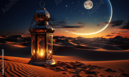 Traditional Arabian lantern standing on the sands of a serene desert under the crescent moon, evoking Ramadan's spirituality and the tranquil beauty of an endless dune landscape photo