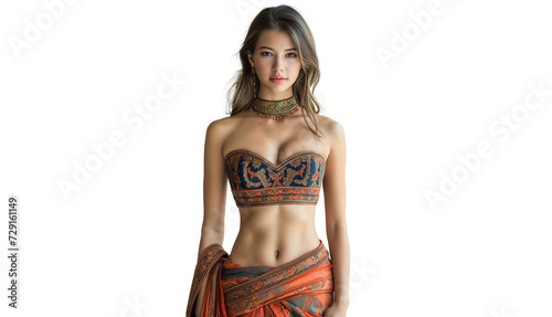 Beautiful Thai woman with a sexy figure wearing Thai costume from the Ayutthaya period on a white background.Image generated by AI