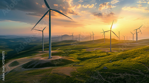 Wind giants stand tall against a fiery sky, harnessing the sun's farewell for clean energy