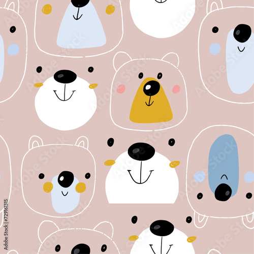 cute funny hand drawn seamless pattern with bears in the trendy colors for boys and babies © Naticuteart