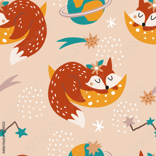 cute childish seamless pattern with fox and moon on the beige background for babies © Naticuteart