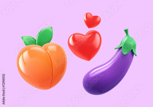 Glossy peach, eggplant and two hearts isolated on lilac background. Set of Emoji icon
