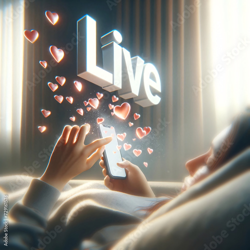 A person sleeps on a sofa, subconsciously pressing a phone, with a heart and 'Live' hologram emerging in soft morning light. AI Generated. photo