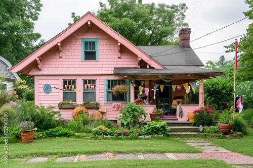 A pale pink craftsman cottage with a backyard and an array of colorful garden flags