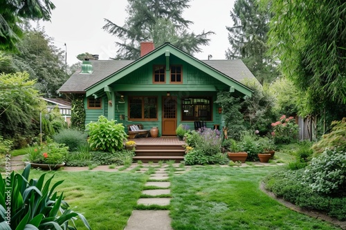 A mint-green craftsman cottage surrounded by a lush backyard with a small herb garden