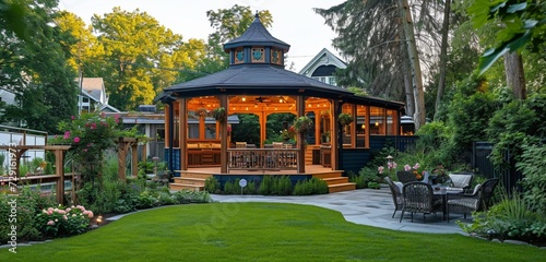 A navy-peony craftsman cottage with a backyard and a classic, octagonal wooden gazebo