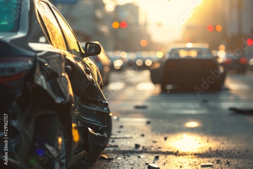 Car crash road accident insurance pay wreck broken vehicle traffic jam collision damaged auto bumper danger emergency situation front impact highway incident injury safe driving drive collide safety