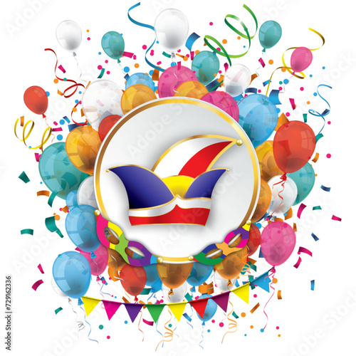 Karnevalscover mit Narrenkappe, bunten Luftballons und Konfetti