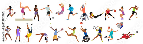 Collection of different men  women  disabled persons performing various sport activities. Bundle of training  exercising people  playing basketball  tennis  football  running. Vector illustrations.