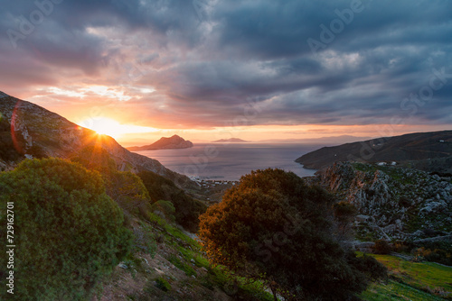 Sunset over the mountains and the Aegean