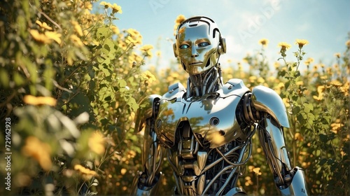 A robot with overgrown vines and flowers blooming all over its body, standing peacefully in a sunlit meadow.